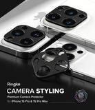 iPhone 15 Pro Max / 15 Pro | Camera Styling - Black camera lens protectors applied to white iPhone 15 Pro models.
