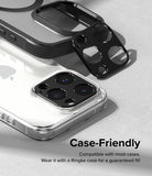 iPhone 15 Pro Max / 15 Pro | Camera Styling - Black camera lens protector being applied to an iPhone with a clear case.