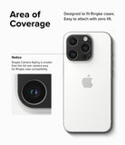 iPhone 15 Pro Max / 15 Pro | Camera Styling - White iPhone with a black camera lens protector and text explaining fit.