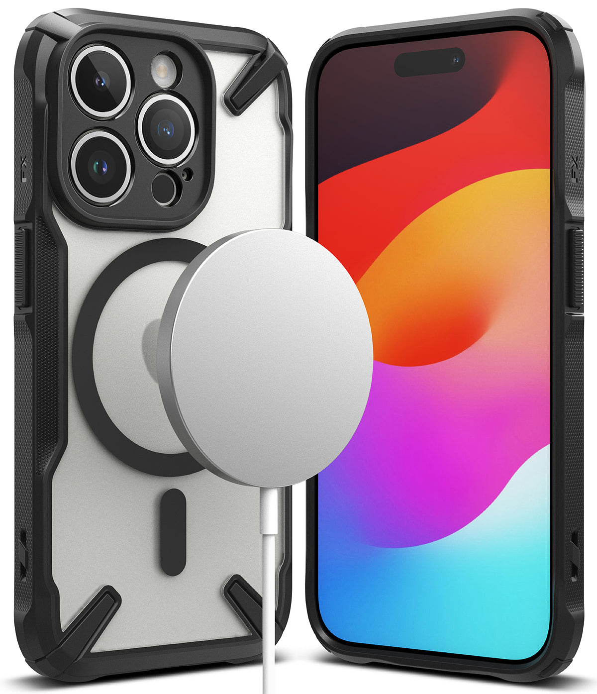 iPhone 15 Pro Case | Fusion-X Magnetic Matte Black - Matte black rugged case with MagSafe charger on back and phone front.