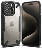 iPhone 15 Pro Case | Fusion-X - Front and back views of a rugged black protective case on an iPhone 15 Pro.