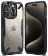 iPhone 15 Pro Case | Fusion-X - Front and back views of a rugged black protective case on an iPhone 15 Pro.