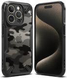 iPhone 15 Pro Case | Fusion-X - Black camouflage protective case with textured edges shown from front and back views.