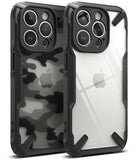 iPhone 15 Pro Max Case | Fusion-X - Two rugged black phone cases, one with camo pattern and one clear, showing triple-lens cameras.