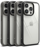 iPhone 15 Pro Case | Fusion Bold - Four iPhone 15 Pro phones in clear, black-rimmed protective cases arranged in a row.