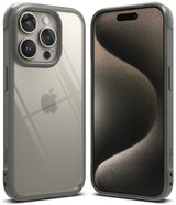 iPhone 15 Pro Case | Fusion Bold - Front and back views of a grey protective phone case with a clear back panel.