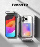 iPhone 15 Pro Case | Fusion Card - Clear phone case with card slot showing front, back, and side angles on a gray background.