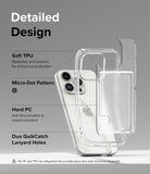 iPhone 15 Pro Case | Fusion Card - Exploded view of a clear phone case highlighting TPU, micro-dots, hard PC, and lanyard holes.