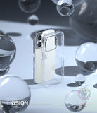 iPhone 15 Pro Case | Fusion - Clear phone case standing next to an iPhone 15 Pro surrounded by floating glass spheres.