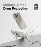 iPhone 15 Pro Case | Fusion - Clear phone case bouncing off a cracked concrete surface with military-grade protection badge.