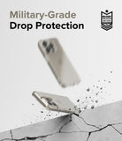 iPhone 15 Pro Case | Fusion - Clear phone case bouncing off a cracked concrete surface with military-grade protection badge.