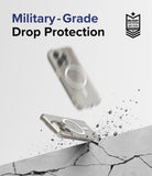 iPhone 15 Pro Case | Fusion Magnetic - Clear phone case bouncing off a cracked concrete surface with debris.
