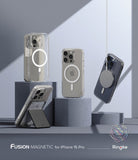 iPhone 15 Pro Case | Fusion Magnetic - Clear magnetic phone cases displayed on geometric pedestals with accessories.