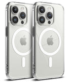 iPhone 15 Pro Max Case | Fusion Magnetic - Two clear iPhone cases with white MagSafe rings and Apple logos on white.