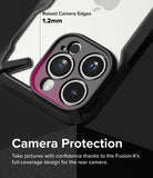 iPhone 15 Pro Case | Fusion-X - Close-up of phone camera with 1.2mm raised protective edges and text highlighting camera protection.