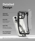 iPhone 15 Pro Case | Fusion-X - Exploded view of a black protective phone case highlighting strap holes, PC, and TPU materials.