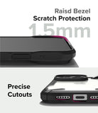 iPhone 15 Pro Case | Fusion-X - Close-ups showing a 1.5mm raised screen bezel and precise port cutouts on a black phone case.