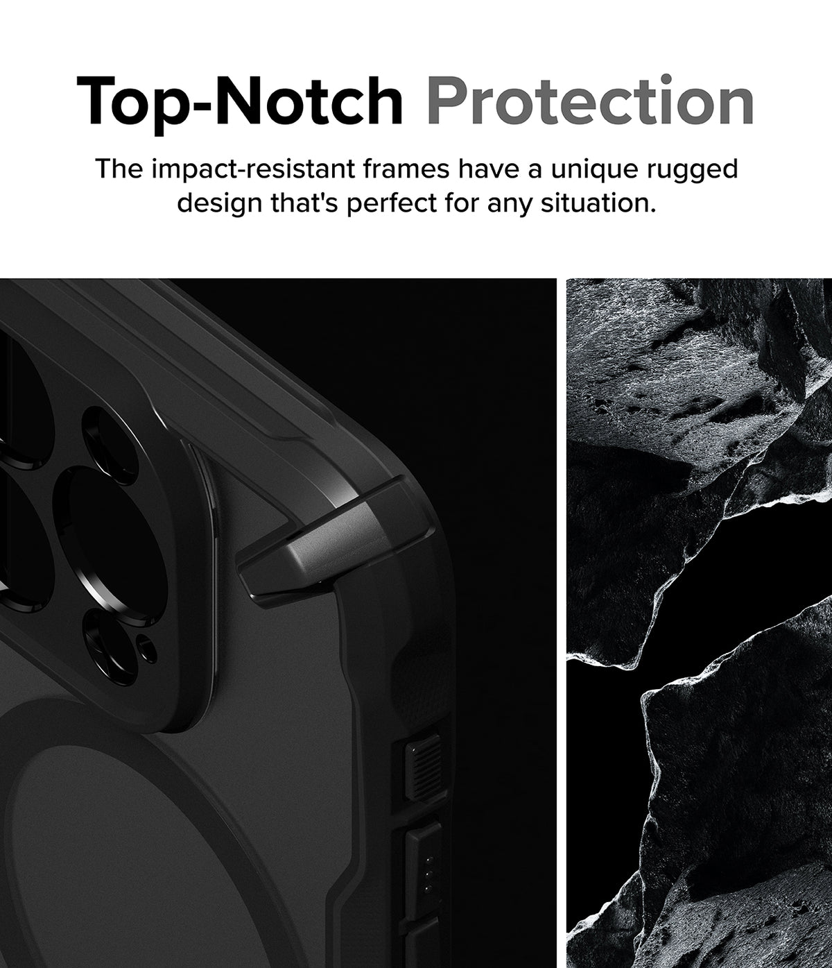 iPhone 15 Pro Case | Fusion-X Magnetic Matte Black - Close-up of a rugged black phone case next to dark rock textures.
