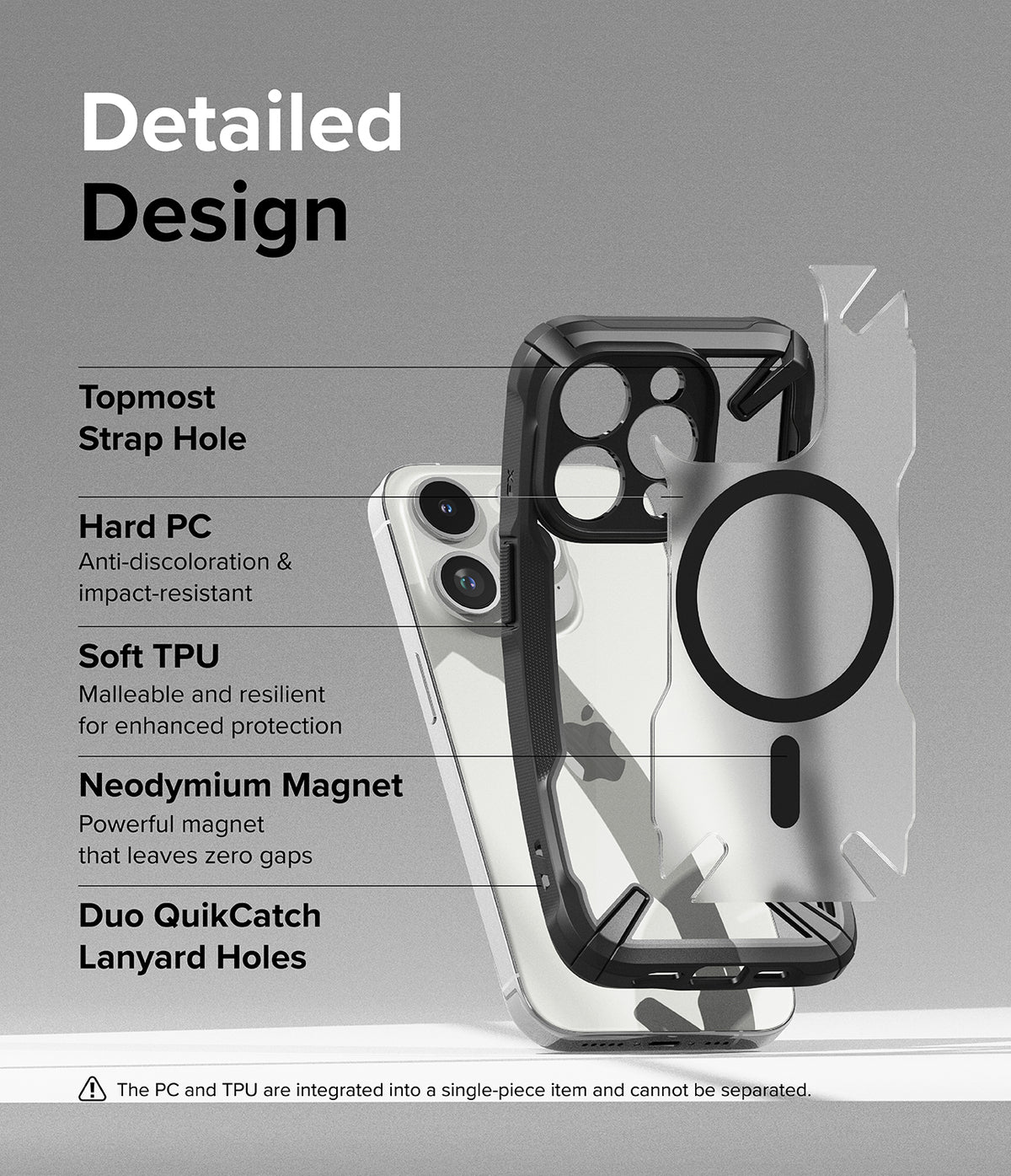 iPhone 15 Pro Case | Fusion-X Magnetic Matte Black - Exploded view of phone case layers highlighting strap holes, PC, TPU, and magnet.