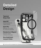 iPhone 15 Pro Case | Fusion-X Magnetic Matte Black - Exploded view of phone case layers highlighting strap holes, PC, TPU, and magnet.