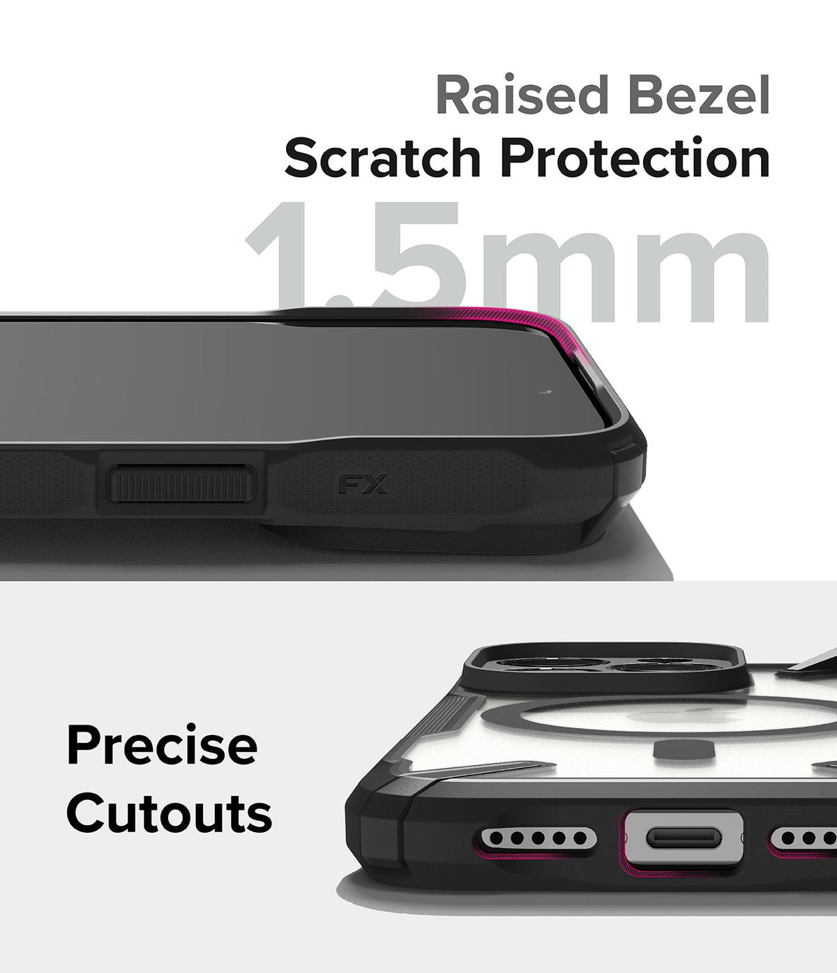 iPhone 15 Pro Case | Fusion-X Magnetic Matte Black - iPhone 15 Pro Case - Close-up of matte black case showing 1.5mm raised bezel and precise port cutouts.