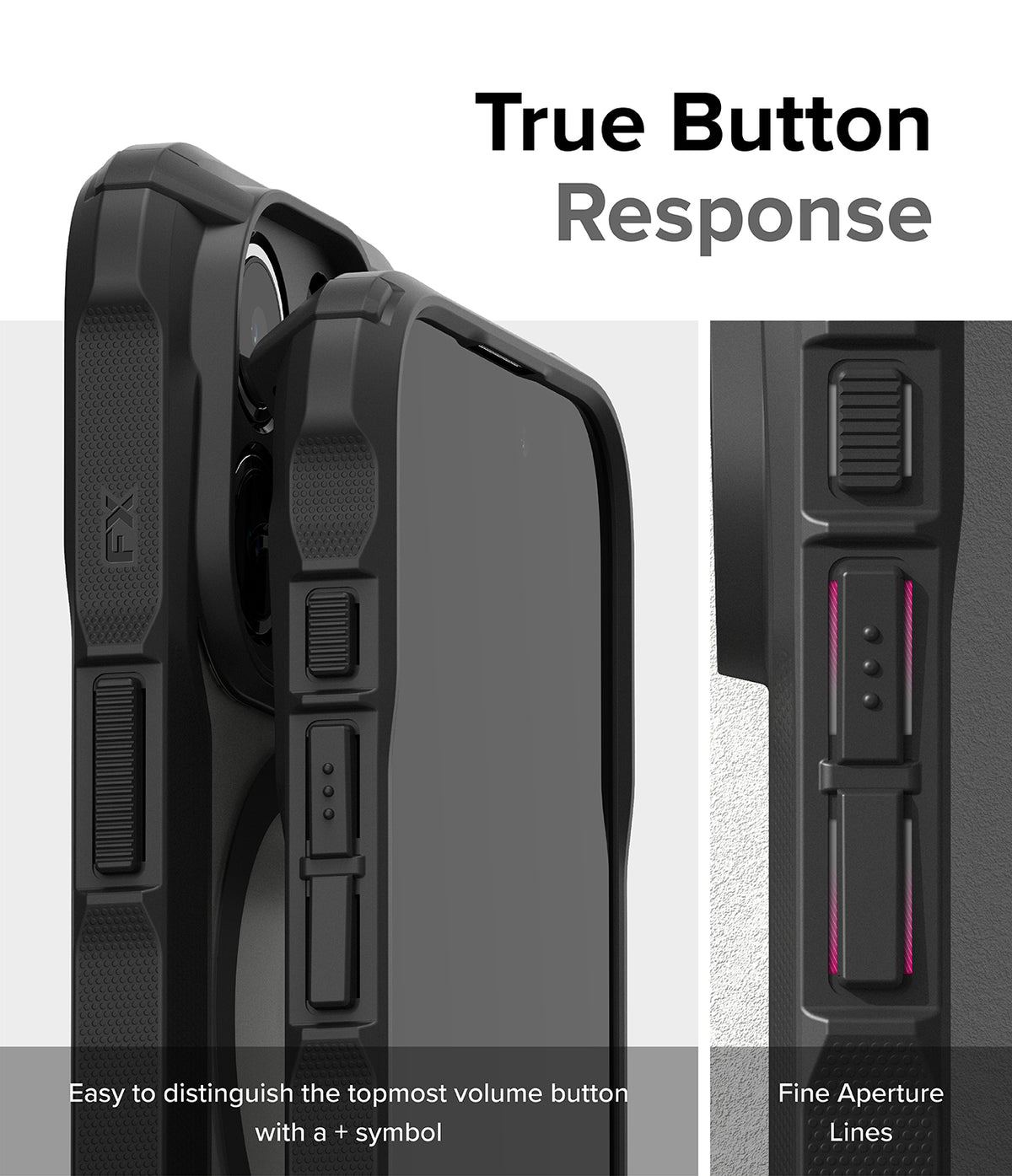 iPhone 15 Pro Case | Fusion-X Magnetic Matte Black - Close-up of matte black phone case buttons with tactile design.