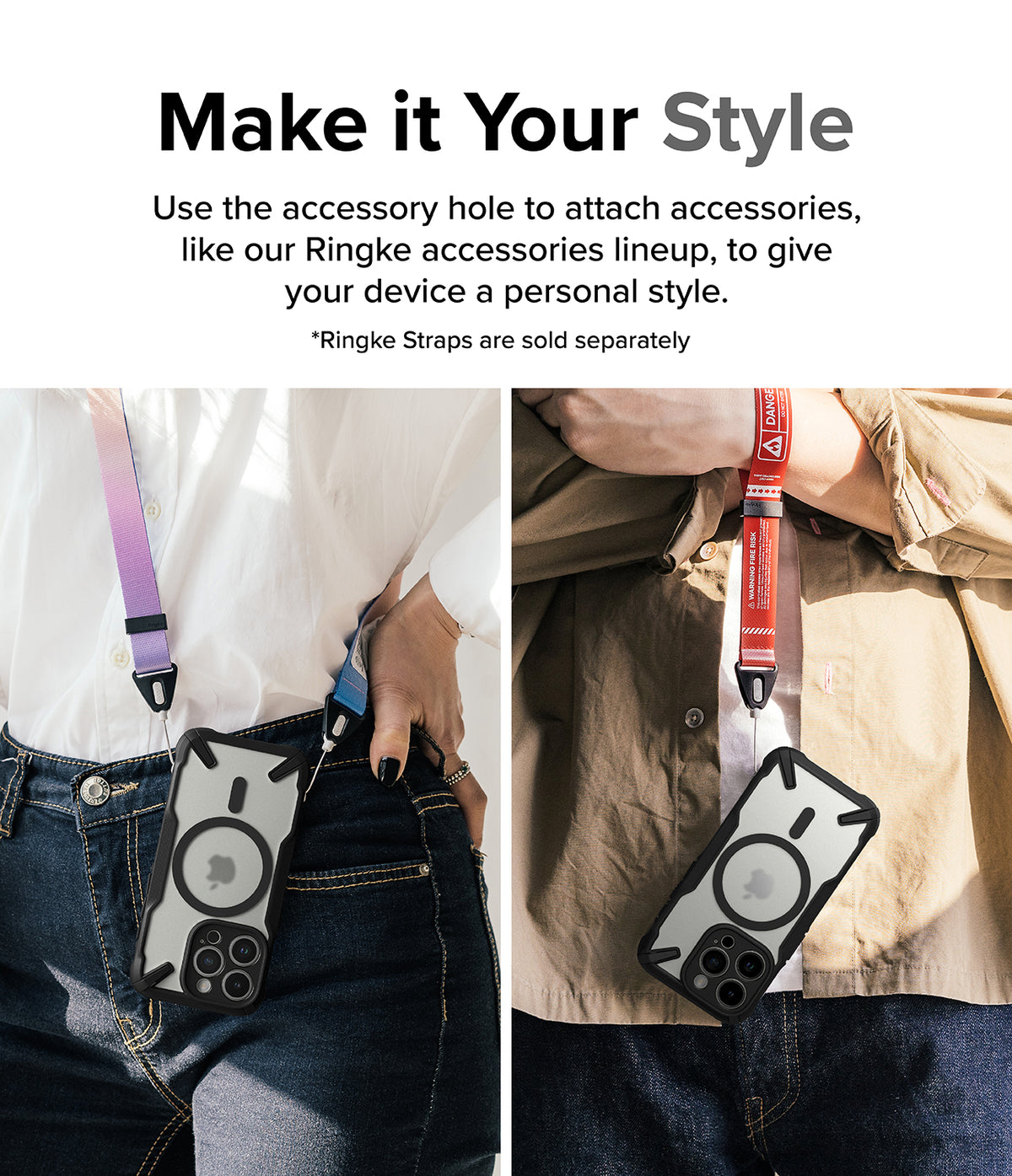 iPhone 15 Pro Case | Fusion-X Magnetic Matte Black - Two people wearing phones in cases with colorful wrist straps.