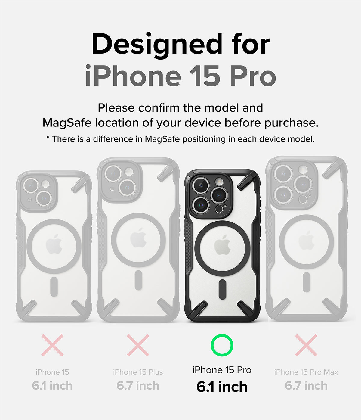 iPhone 15 Pro Case | Fusion-X Magnetic Matte Black - Comparison chart showing the iPhone 15 Pro case fits only the 6.1-inch model.