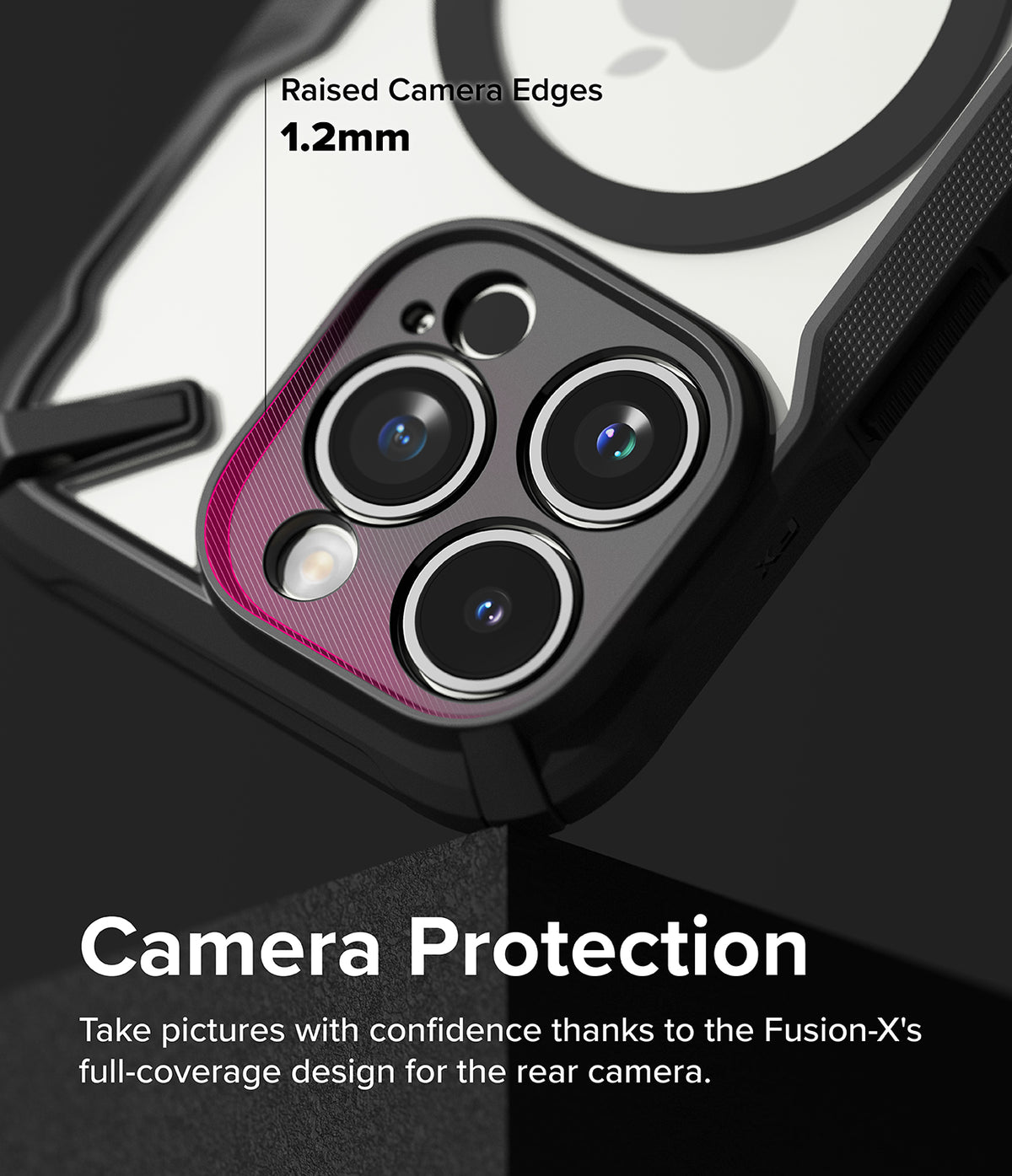 iPhone 15 Pro Case | Fusion-X Magnetic Matte Black - Close-up of phone case showing 1.2mm raised edges protecting camera lenses.