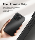 iPhone 15 Pro Case | Onyx - Hand holding a black phone case with a textured micro-dot side grip pattern.