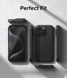 iPhone 15 Pro Case | Onyx - Multiple views of a black iPhone 15 Pro case on a textured gray background with the text Perfect Fit.