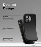 iPhone 15 Pro Case | Onyx - Black phone case showing TPU material, non-slip texture, and lanyard holes with descriptive text.