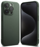 iPhone 15 Pro Case | Onyx - Front and back views of a textured dark green phone case on an iPhone 15 Pro.