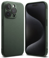 iPhone 15 Pro Case | Onyx - Front and back views of a textured dark green phone case on an iPhone 15 Pro.