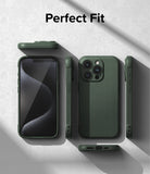iPhone 15 Pro Case | Onyx - Dark green phone case shown from multiple angles on a textured gray background with Perfect Fit text.