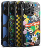 iPhone 15 Pro Case | Onyx Design - Four iPhone 15 Pro cases with varied graphic patterns including blue camo, paint splatter, checkerboard, and stickers.