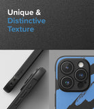 iPhone 15 Pro Case | Onyx Design - Close-up of a textured blue and black phone case with Ringke branding and camera lens.