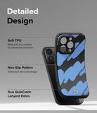 iPhone 15 Pro Case | Onyx Design - Blue and black abstract patterned phone case with labeled features and lanyard holes.