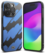 iPhone 15 Pro Case | Onyx Design - Black and blue brushstroke pattern phone case with a vibrant gradient screen display.