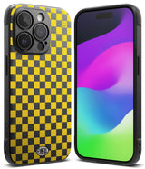 iPhone 15 Pro Case | Onyx Design - Black and yellow checkerboard phone case with a small smiley face icon.