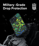 iPhone 15 Pro Case | Onyx Design - Black phone case with neon paint splatter on a rock with military-grade protection text.