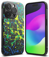 iPhone 15 Pro Case | Onyx Design - Black phone case with neon yellow, green, and blue paint splatter pattern next to a phone.