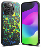iPhone 15 Pro Max Case | Onyx Design - Black phone case with neon yellow, green, and blue paint splatter art on the back.