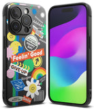 iPhone 15 Pro Case | Onyx Design - Black phone case covered in colorful, playful stickers with text and graphics.