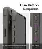 iPhone 15 Pro Case | Onyx - Close-up of textured black phone case buttons with highlighted aperture lines for tactile feel.