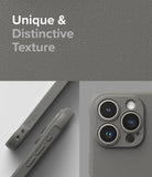 iPhone 15 Pro Case | Onyx - Gray textured phone case showing side buttons, Ringke branding, and triple camera cutout.