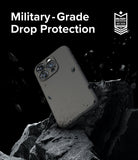 iPhone 15 Pro Case | Onyx - Onyx phone case floating above jagged black rocks with military-grade drop protection text and badge.