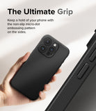 iPhone 15 Pro Case | Onyx Magnetic - Hand holding a black phone case with a textured micro-dot side grip pattern.