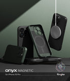 iPhone 15 Pro Case | Onyx Magnetic - Multiple dark green and black phone cases arranged with a magnetic charger.
