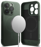 iPhone 15 Pro Case | Onyx Magnetic - Dark green textured phone case shown from back and inside with a magnetic charger.